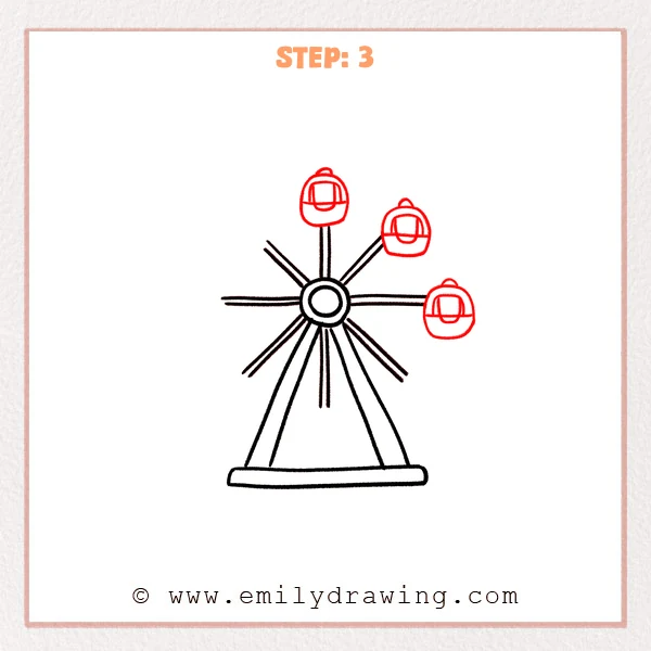 how to draw a ferris wheel - Step 3 of an easy ferris wheel drawing adds three rounded cabins on the ends of selected spokes, each with a window and small hanging connector.